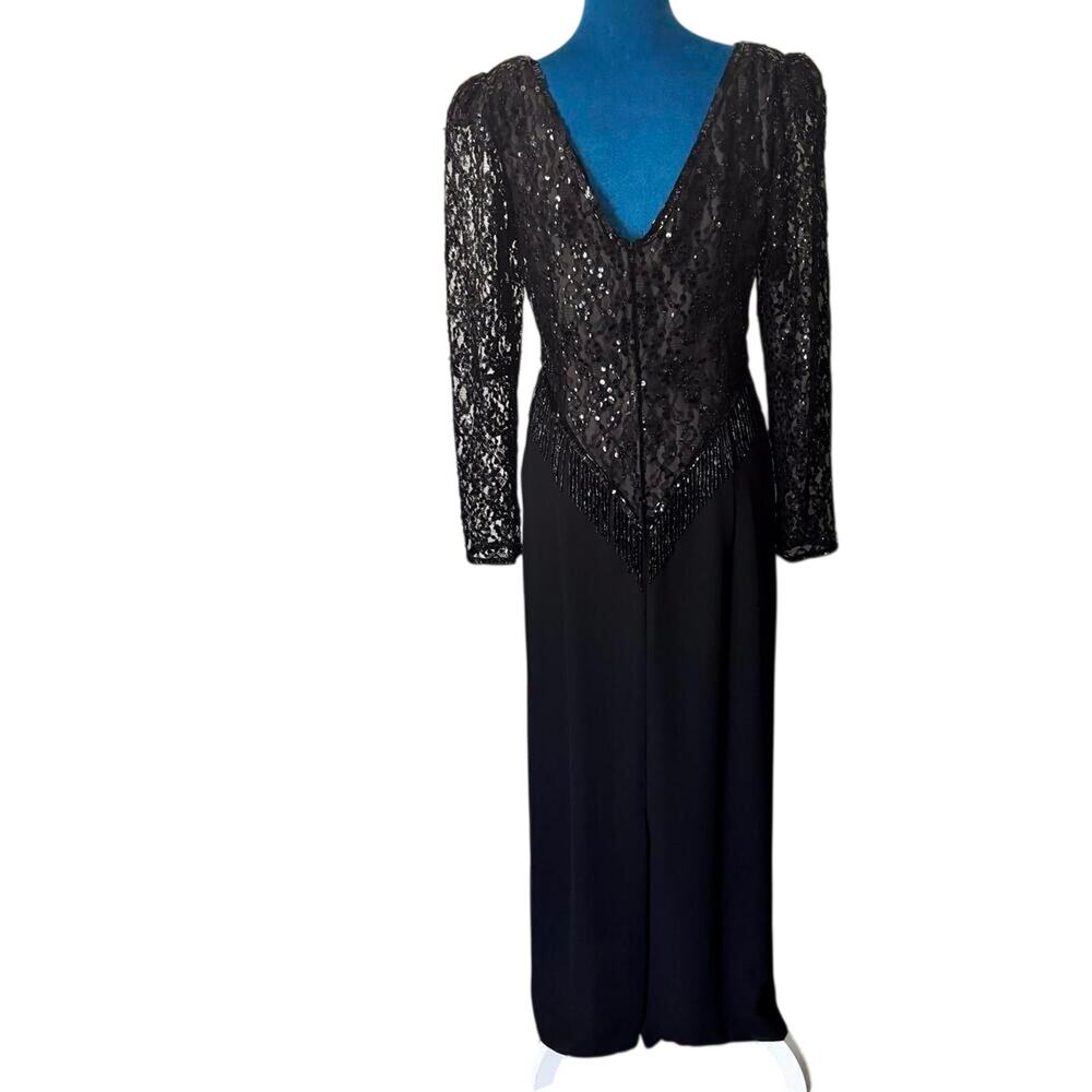 Vintage 70s Jack Bryan Beaded Sparkle Fringe Lace V Neck Gown Maxi Dress Sheath
